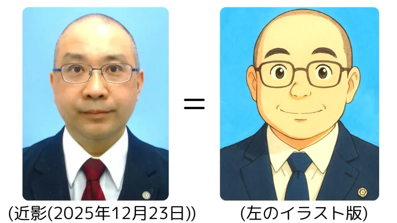 2025年12月23日に撮影された著者の近影(イラスト付き),Portrait of the author with illustration, taken on December 23, 2025